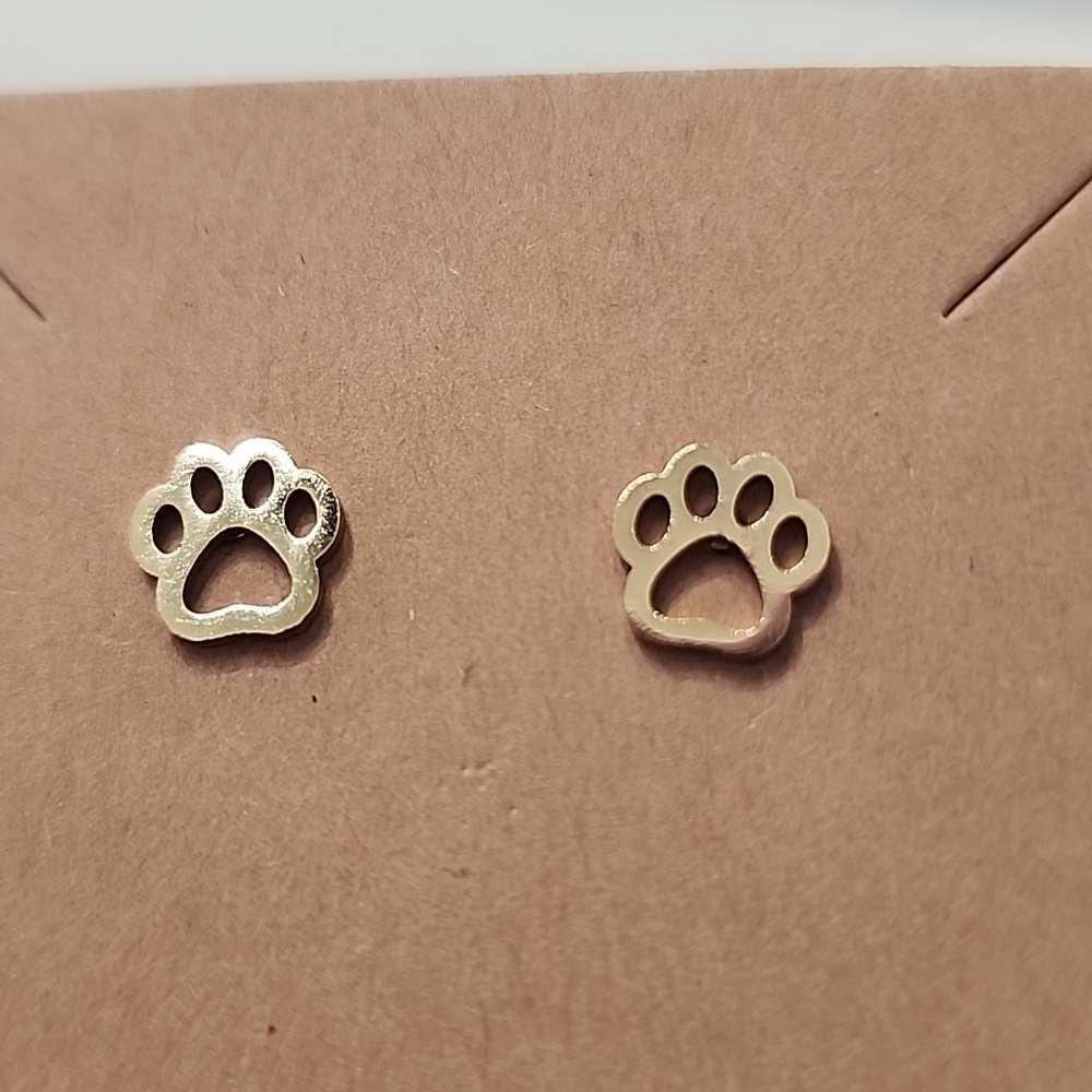 Gold Stainless Steel Paw Print Stud Earrings NWOT - Picture 2 of 5